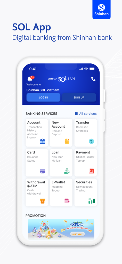 Shinhan SOL Vietnam - Shinhan SOL Vietnam mobile app dashboard with digital banking services