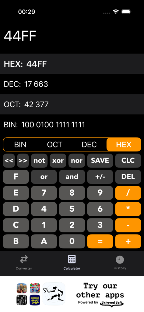 Interface of Programming Calculator showing conversion between hexadecimal decimal and binary