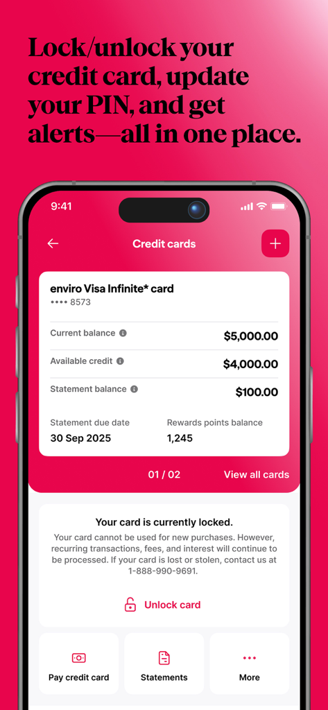 Vancity mobile app credit card management screen showing security features and balance details