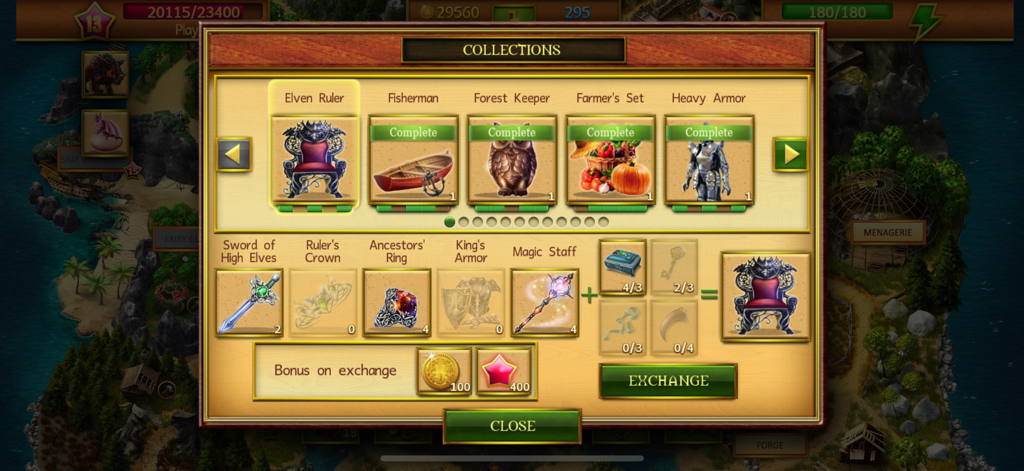 Mahjong Island - Tile Match - La pantalla de colecciones de Mahjong Island mostrando objetos del gobernante élfico y recompensas por completar conjuntos.