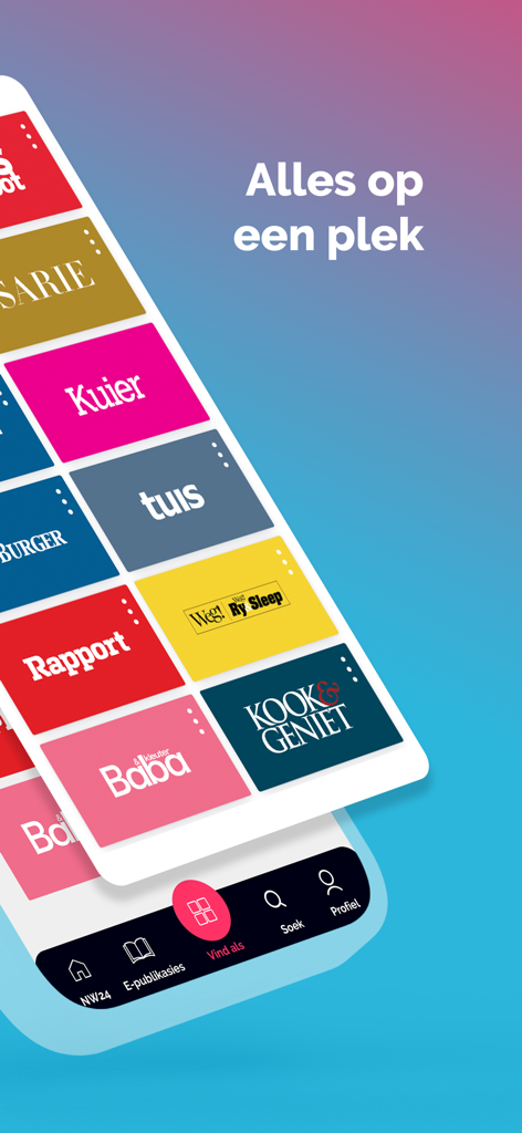 Netwerk24 – Alles op een plek - Screenshot of Netwerk24 app displaying a grid of Afrikaans magazine and news titles like Sarie Rapport and Tuis