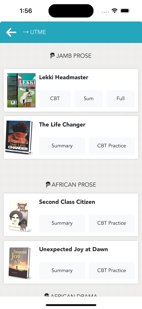 Lista de novelas de prosa africana y JAMB en la interfaz de la aplicación CBT Exams.