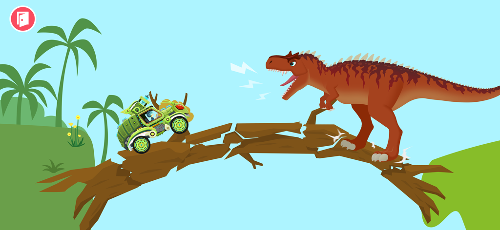 Ein Dinosaurier brüllt einen grünen Geländewagen auf einer zerbrochenen Holzbrücke in einem Kinderspiel an