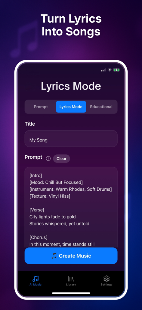 Ai Music Maker - Soneva - Interface of the Soneva app showing the Lyrics Mode feature to turn custom lyrics into AI generated songs