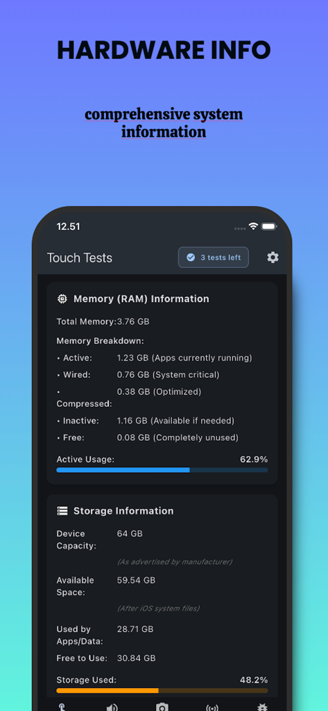 Touchscreen Test DiagX - Pantalla de información de hardware que muestra diagnósticos detallados de RAM y almacenamiento