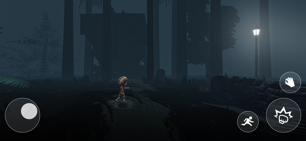 The Escape Story -Survival RPG - A little boy running through a dark foggy forest at night with a glowing street lamp and house in the background