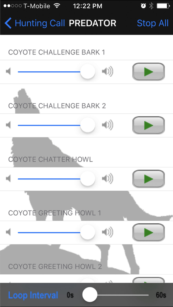 Hunting Call - A list of coyote predator calls within the Hunting Call app featuring volume sliders and play buttons.