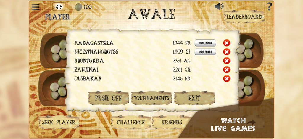 Awale Online game lobby showing player rankings and live match options.
