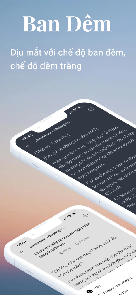 TruyenHD - Đọc Truyện Full - TruyenHD mobile app showing dark and light reading modes for Vietnamese novels on two phones.