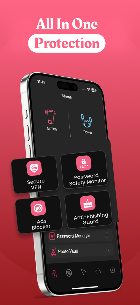 Mobile Security & AntiVirus. - Interfaccia dell'app di sicurezza mobile su un iPhone che mostra funzionalità di protezione all-in-one inclusi VPN, monitoraggio sicurezza password, blocco annunci e protezione anti-phishing.
