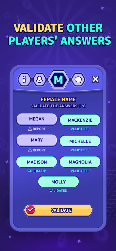 A screenshot of the StopotS mobile app showing the game's validation phase where players vote on each other's answers for the category Female Name with the letter M.