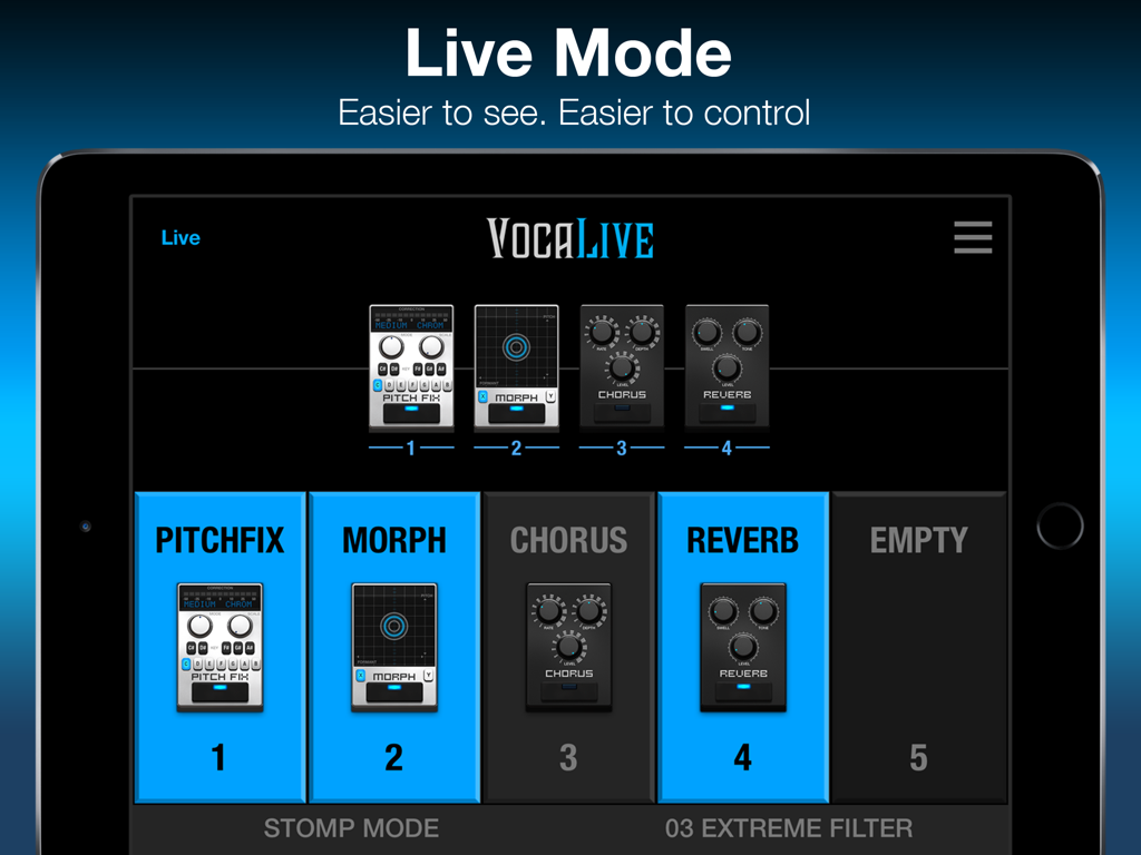 Interfaz del Modo en Vivo de la aplicación VocaLive CS para iPad que muestra pedales de efectos vocales como Pitch Fix y Reverb.