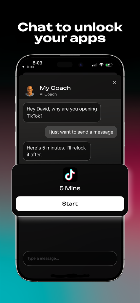 Tela do aplicativo LOCKR mostrando um treinador de IA concedendo acesso temporário ao TikTok após um chat.