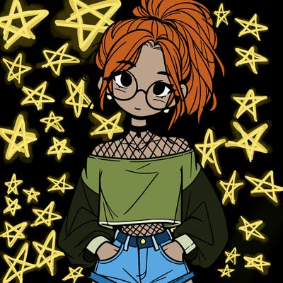 girl with a messy ponytail glasses a baggy crop top and jean shorts