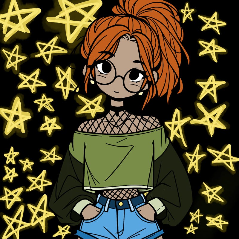 girl with a messy ponytail glasses a baggy crop top and jean shorts