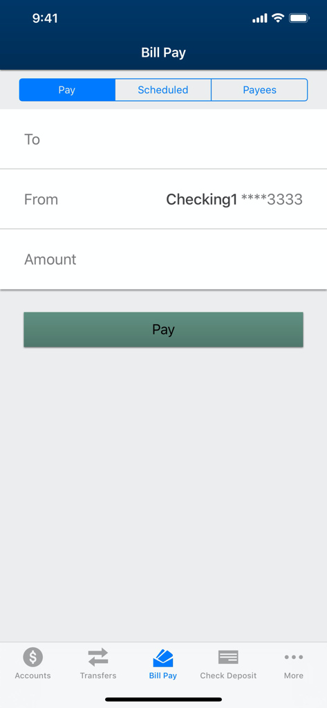 Bill Pay screen of the 1st MidAmerica CU mobile app showing options to pay bills and manage scheduled payments