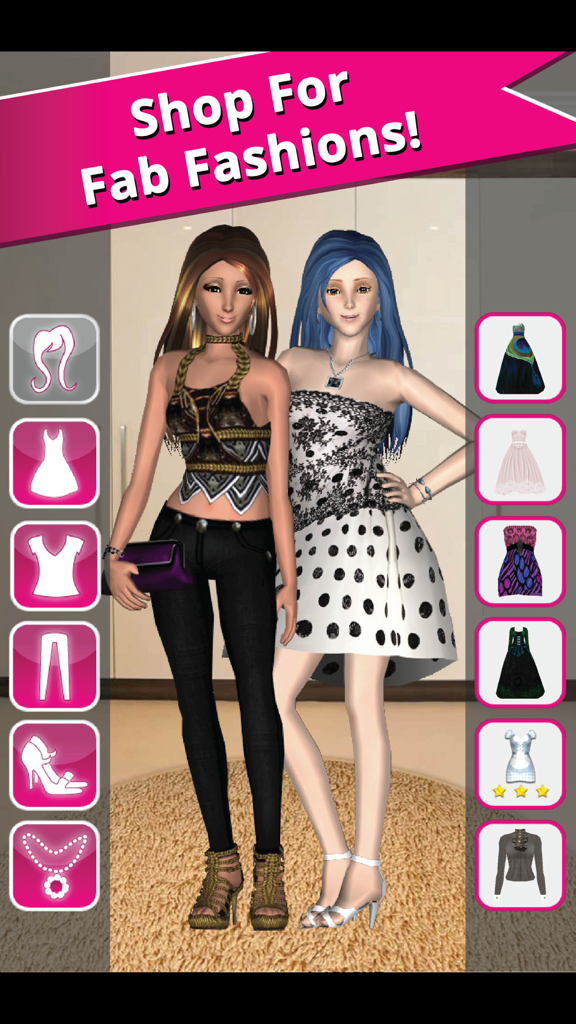 Two 3D female avatars dressed in stylish outfits within the Style Me Girl fashion game interface