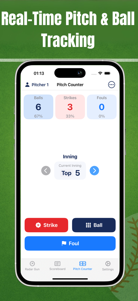 Pitch Counter - Radar Gun FYNX - Pitch Counter app interface showing real-time balls strikes and fouls tracking for baseball