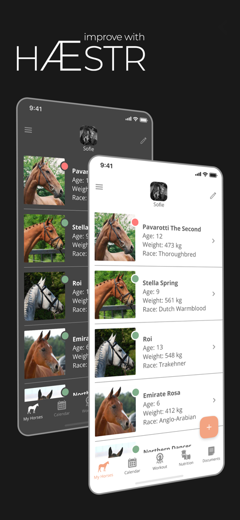 HÆSTR: Horse Care App - A list of horse profiles in the HÆSTR horse care app including photos and breed details