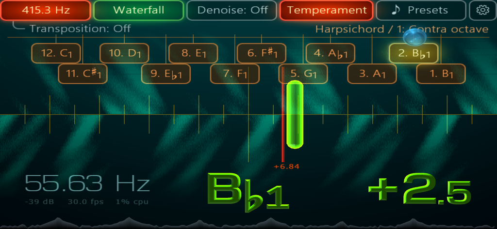 Airyware Tuner professional strobe interface showing harpsichord tuning and frequency analysis