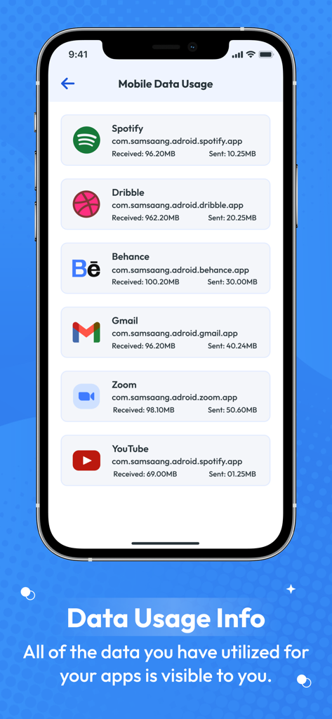 Mobile data usage screen showing individual app data consumption for tracking and monitoring