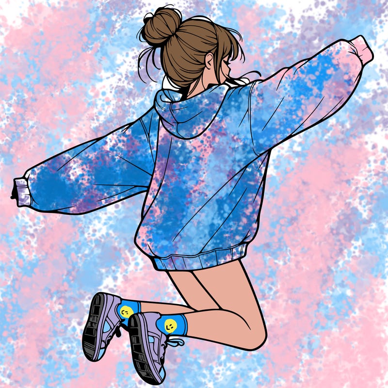 realistic girl jumping with a bun and oversized sweatshirt