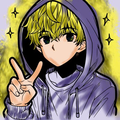teenage manga boy in a hoodie, doing ✌