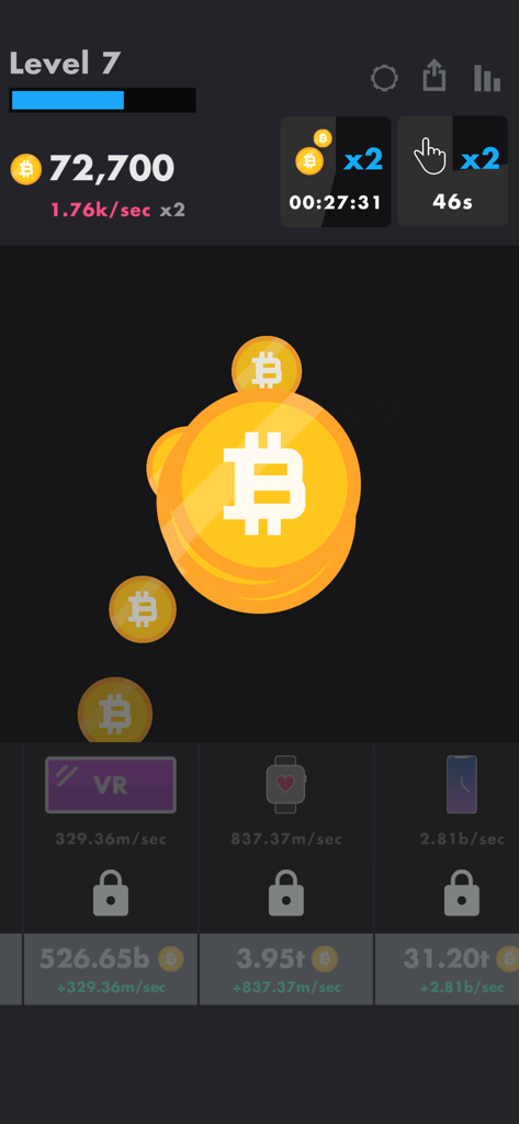 Gameplay screen of Bitcoin by Ketchapp showing mining progress and upgrade menu