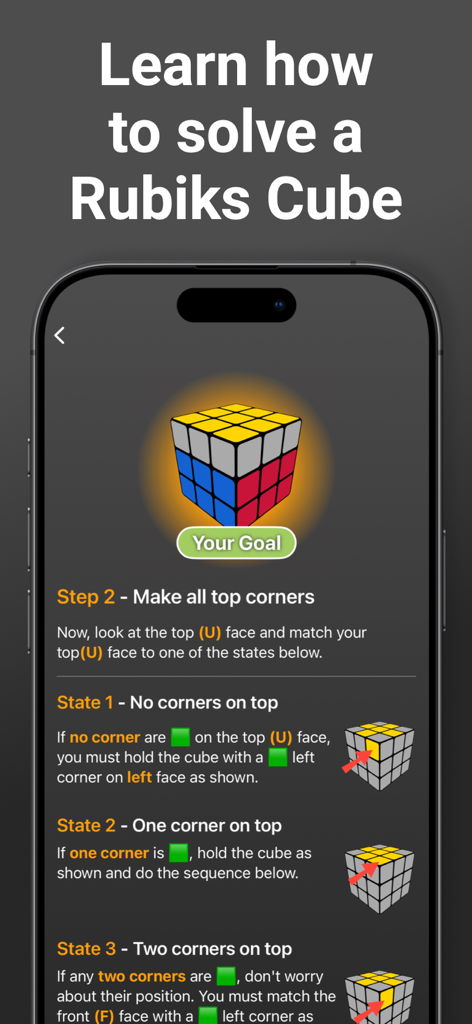 Step-by-step tutorial screen for learning how to solve Rubik's cube top corners