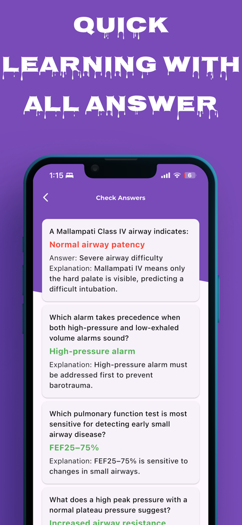 Respiratory Therapist NBRC - Interface do aplicativo NBRC para Terapeuta Respiratório mostrando questões práticas com respostas corretas e justificativas detalhadas.