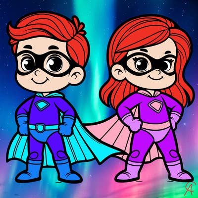 2 superheroes one is a boy of 5 and one is a girl 3 years