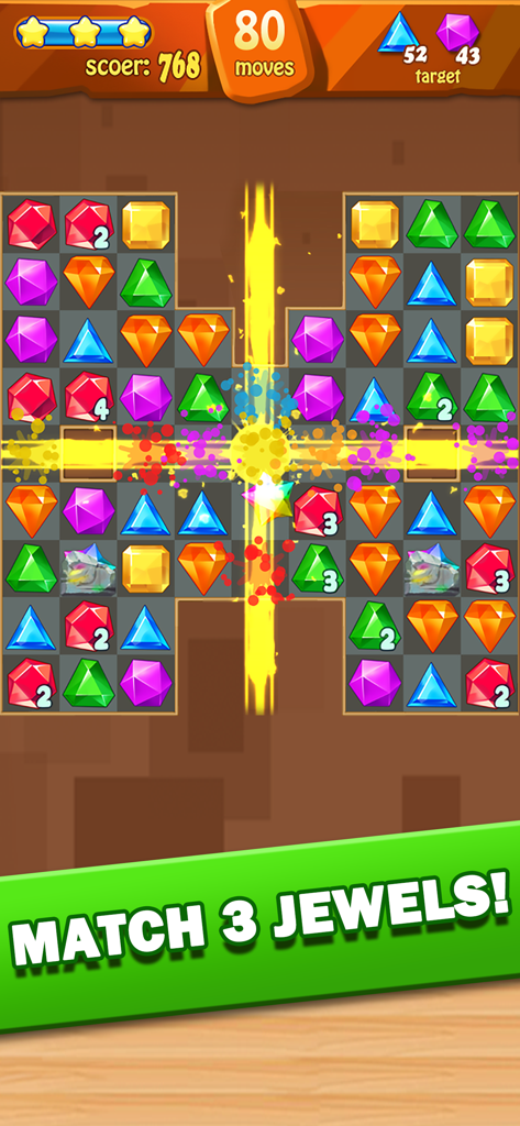 Juego de Jewel Fever de combinar 3 con gemas coloridas y un efecto de explosión de relámpago vertical.