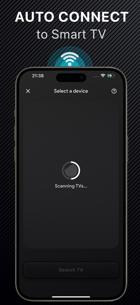 iPhone screen of the TV Remote app scanning for local Smart TVs to automatically connect