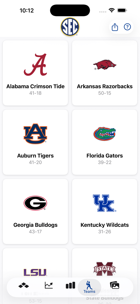 SEC Baseball - SEC Baseball app screen displaying a grid of college team logos including Alabama Crimson Tide and Arkansas Razorbacks