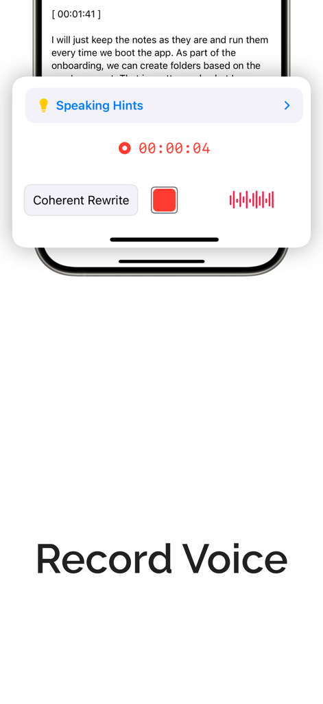 Brain Dump app interface showing a voice recording session with a timer audio waveform and coherent rewrite button