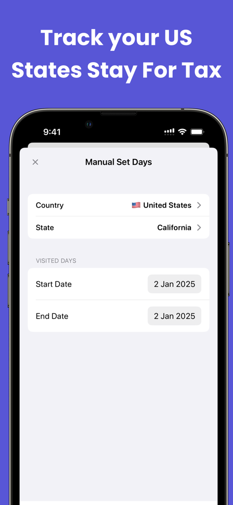 Places Been: Country Tracker - Interface for manually entering travel days in California for tax residency tracking