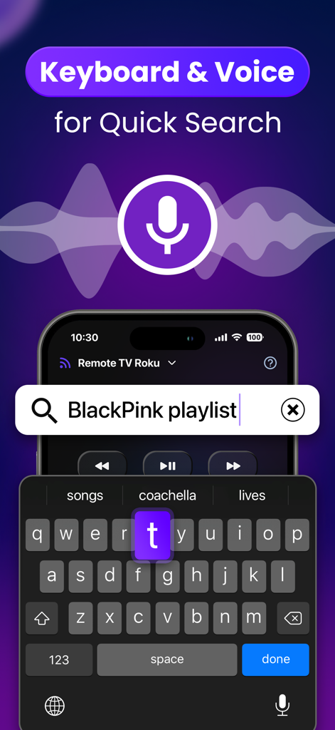 Roly app interface displaying voice and keyboard search features for smart TV control