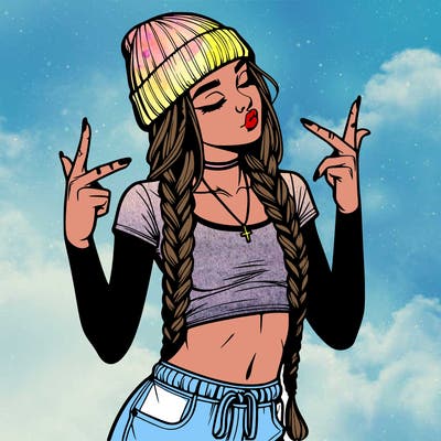 realistic teenage girl with braids and a beanie and crop top doing 🫶🏼