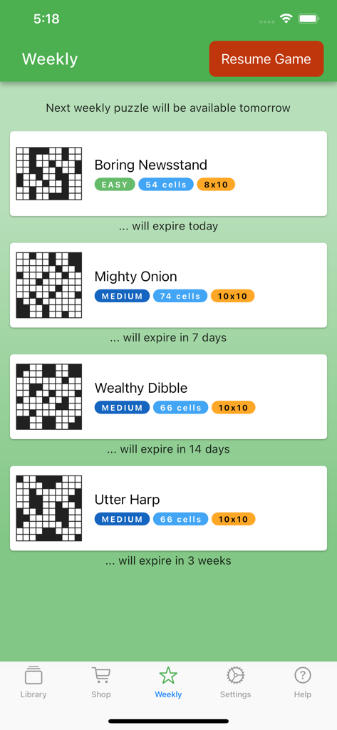 Kakuro - Classic - Lista semanal de quebra-cabeças no aplicativo Kakuro Classic exibindo diferentes níveis e tamanhos de grade