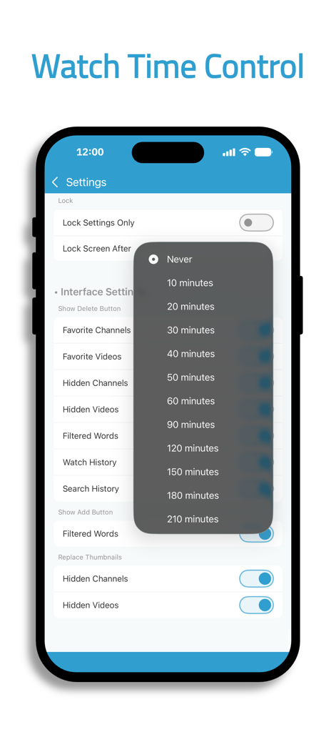 FunTube. - FunTube app interface showing watch time control settings with a dropdown menu to select screen time limits from 10 to 210 minutes.