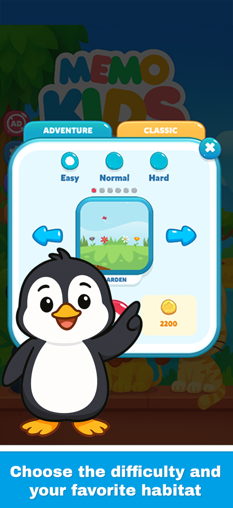 A penguin mascot on a game menu screen showing options for easy normal and hard difficulty levels and habitat selection