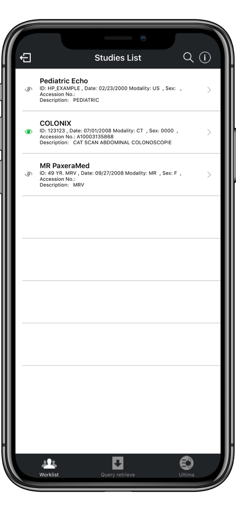 iPaxera app studies list showing medical imaging patient records for Echo CT and MR modalities