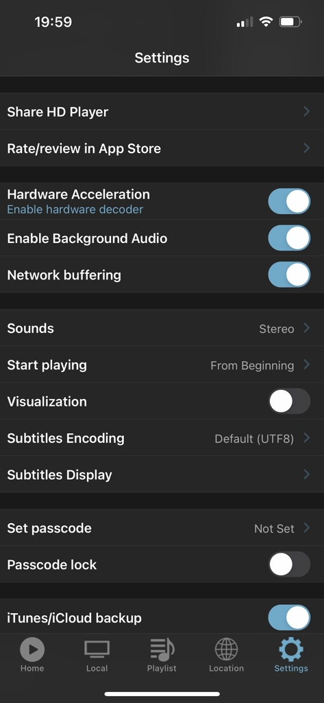 HD Playerアプリの設定メニューに、ハードウェアアクセラレーションとパスコードオプションが表示されています