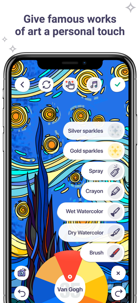 Coloring Book for Me - Digital coloring app interface showing artistic brushes and a Van Gogh painting