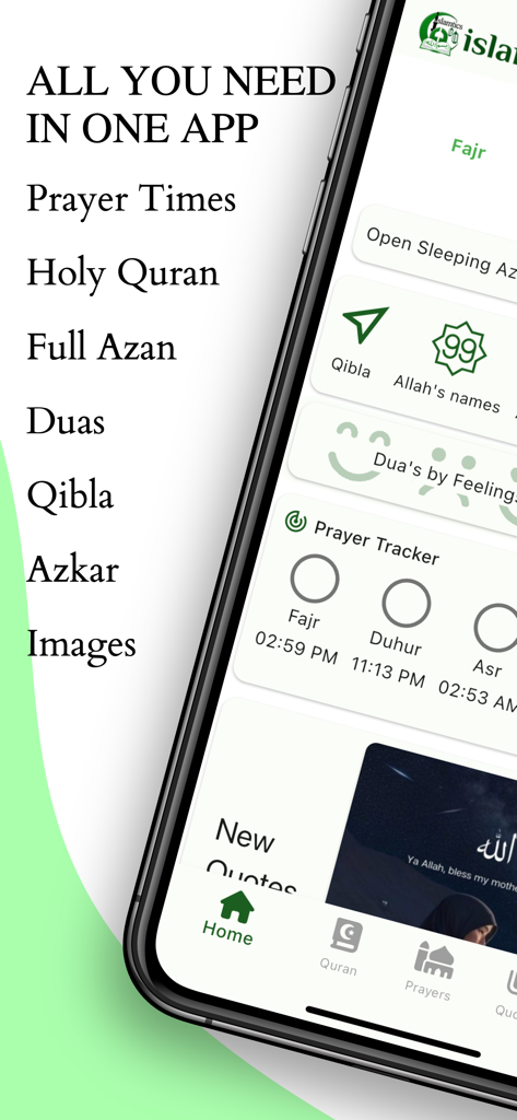 Islamtics: Quran, Qibla & Azan - Islamtics mobile app interface displaying prayer times, Holy Quran, and Qibla features