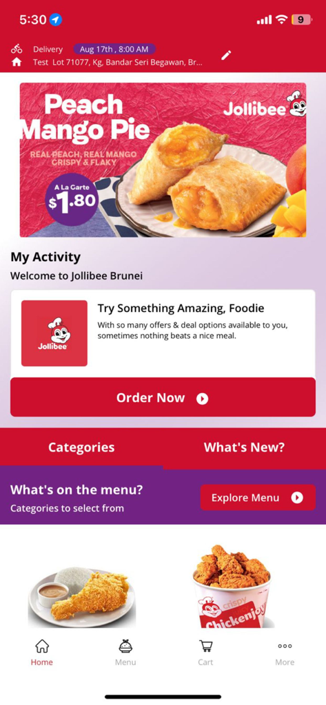 Jollibee Brunei - Home screen of the Jollibee Brunei mobile app showing a Peach Mango Pie promotion and food ordering options.