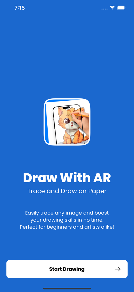AR Draw - Sketch - AR Draw Sketch app splash screen showing a tutorial icon for tracing a cat on paper using a smartphone