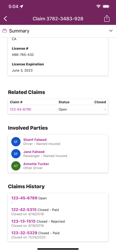 Appian mobile application screen displaying detailed insurance claim information including parties and history