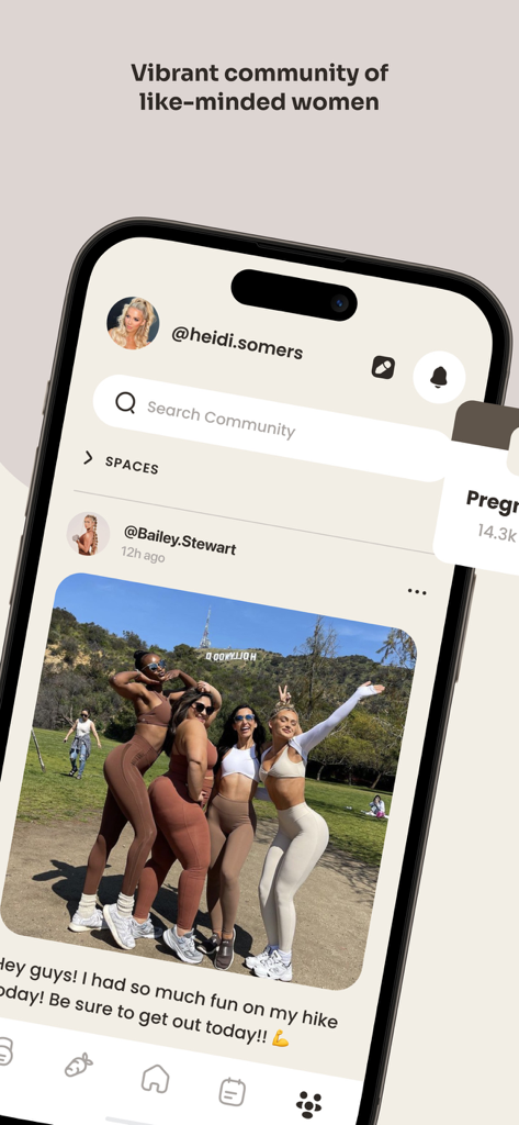 Grounds: Fitness App For Women - Screenshot of the Grounds fitness app community screen showing a social feed where women share fitness photos and updates