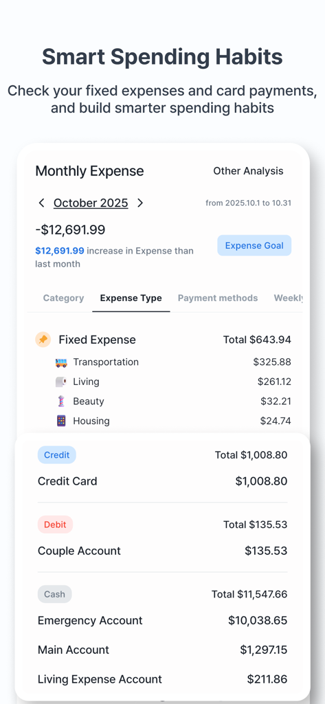 Feed MoneyBook Pro - Monthly expense analysis screen showing fixed expenses and payment methods with cute icons.